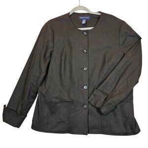 Preston & York Linen Blazer Womens 16 Black flip cuff collarless button career